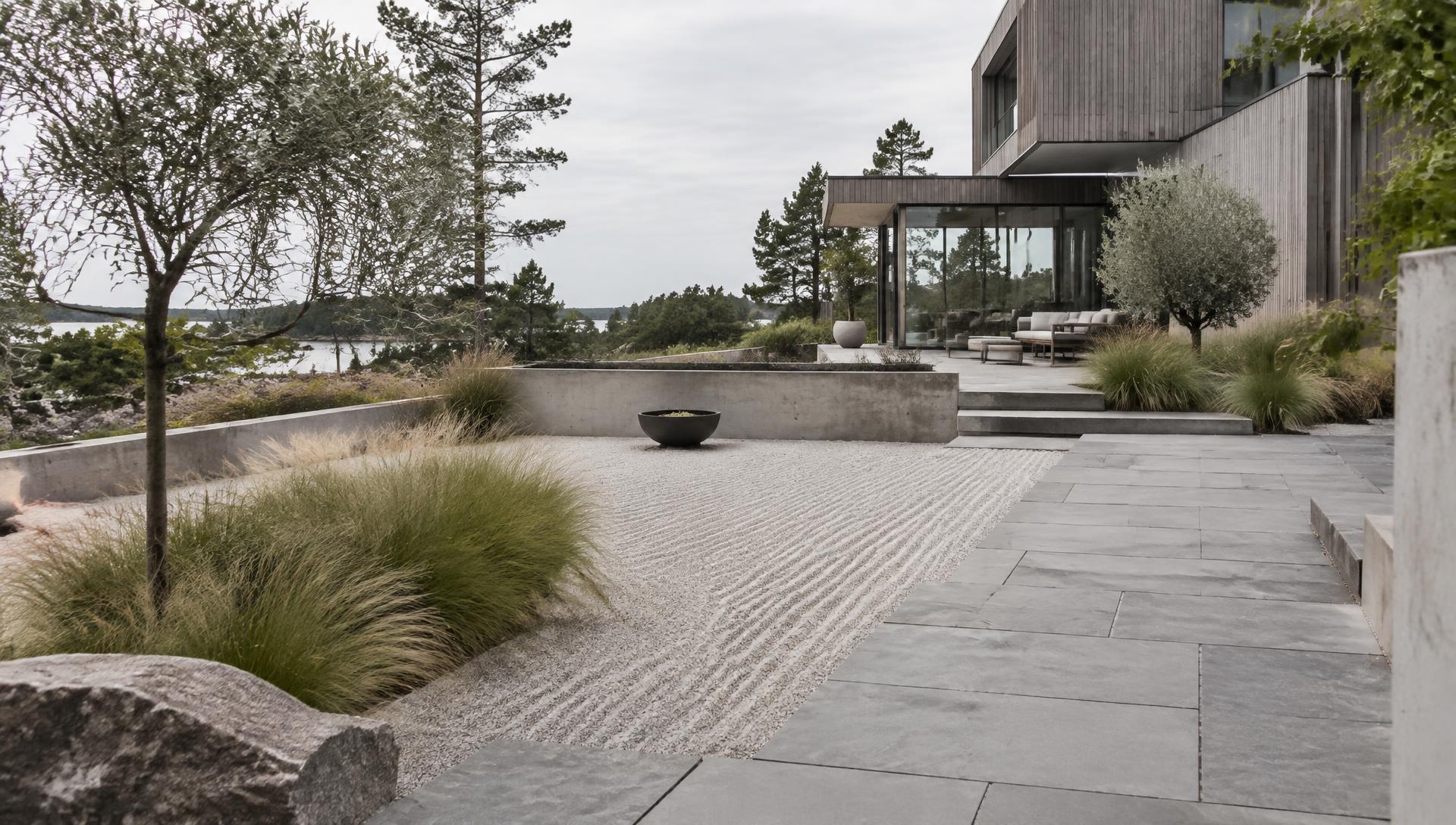Utemiljö med natursten, grus och prydnadsgräs vid modern villa